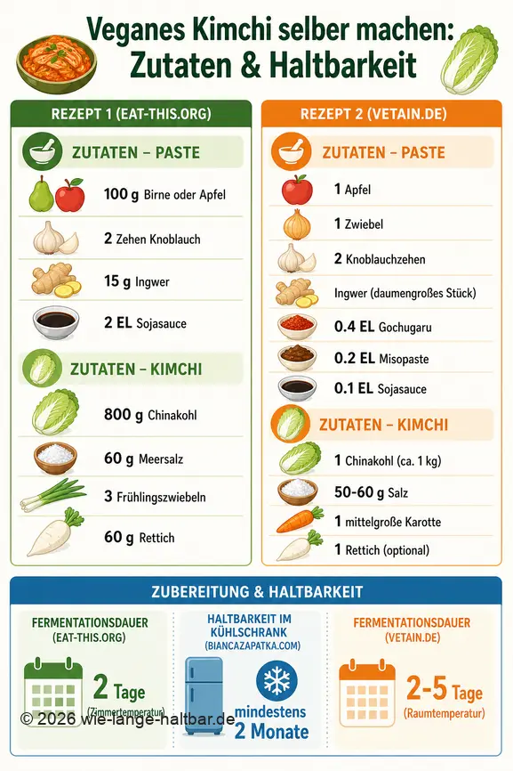 Vergleich von zwei veganen Kimchi-Rezepten mit Zutatenmengen, Fermentationsdauer und Haltbarkeit im Kühlschrank.