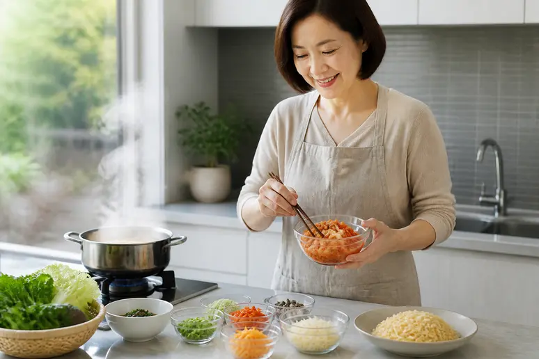 Eine koreanische Frau bereitet in ihrer Küche Kimchi-Nudeln mit frischen Zutaten zu, ein schnelles und einfaches Gericht für den Alltag.