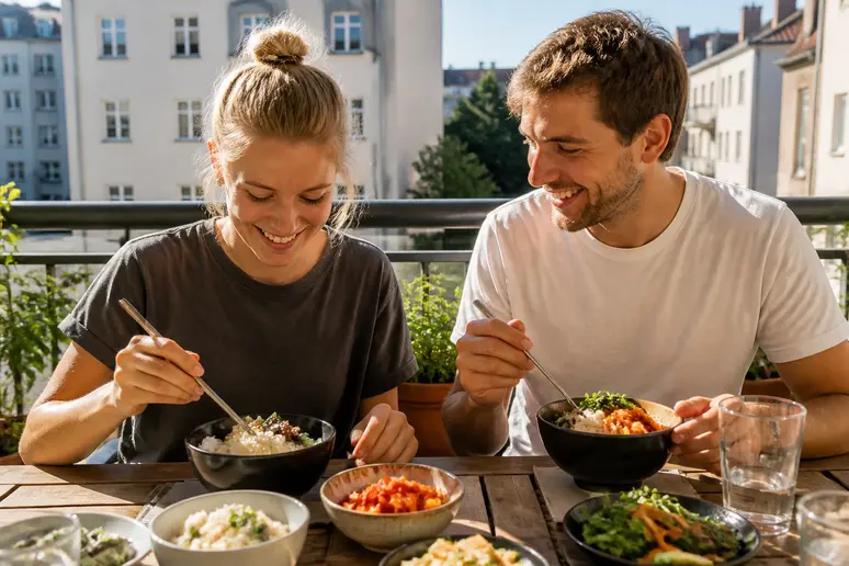 Ein deutsches Paar genießt Kimchi als köstliche Beilage zu Reis und anderen Speisen auf einem sonnigen Balkon in Berlin.
