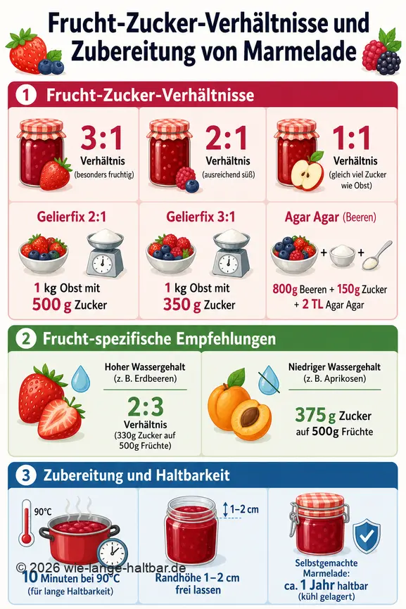 Vergleich von Frucht-Zucker-Verhältnissen, Zubereitungstipps und Haltbarkeit von selbstgemachter Marmelade.