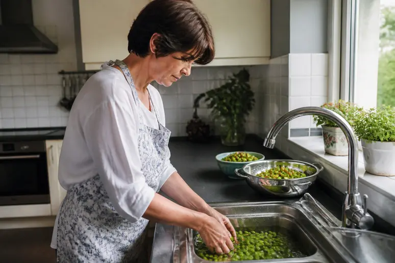 Eine deutsche Frau wäscht sorgfältig frische Stachelbeeren in einer Spüle, ein wichtiger Schritt zur sicheren Haltbarkeit des Eingemachten.