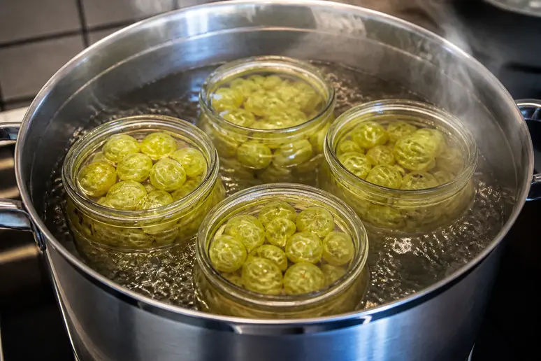 Mehrere Einmachgläser mit Stachelbeeren und Sirup werden im Wasser eines großen Kochtopfes erhitzt, um eine sichere Konservierung zu gewährleisten.