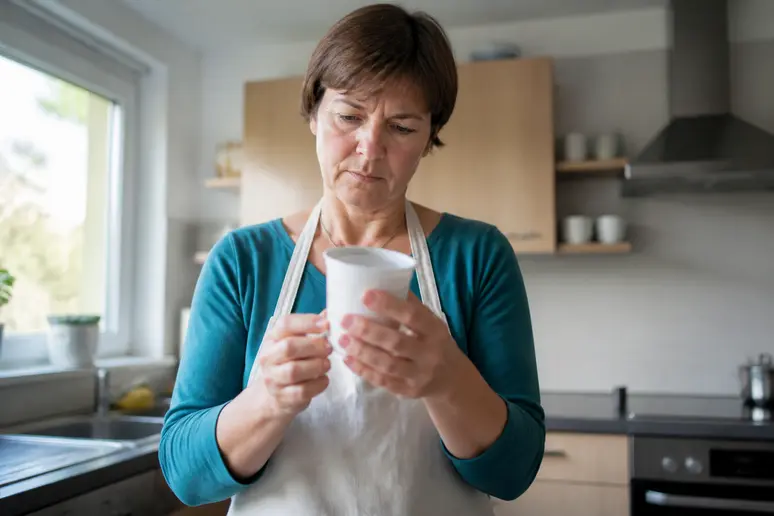 Eine deutsche Frau prüft konzentriert das MHD auf einem abgelaufenen Joghurtbecher in ihrer Küche.