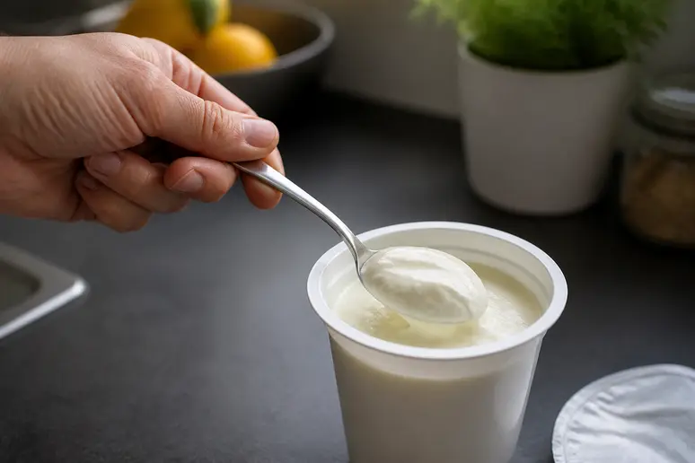 Eine Hand mit Löffel prüft die Konsistenz von abgelaufenem Joghurt auf Genießbarkeit.