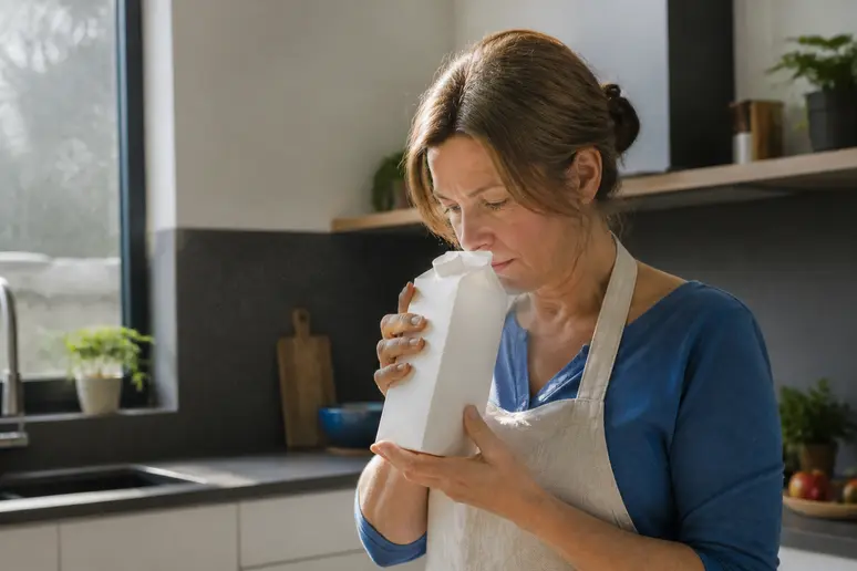 Eine Frau in einer Küche prüft den Geruch von H-Milch nach Ablauf des Mindesthaltbarkeitsdatums, um ihre Trinkbarkeit zu beurteilen.