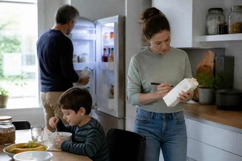 Deutsche Familie beschriftet angebrochene H-Milch mit dem Öffnungsdatum, um Lebensmittelverschwendung zu vermeiden und die Frische zu überwachen.