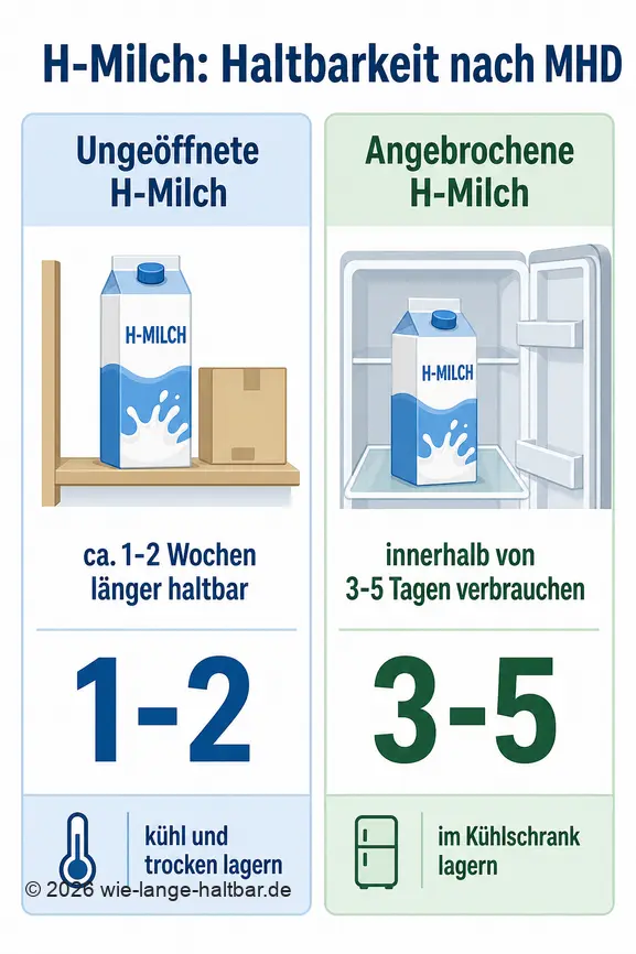 Infographie sur la durée de conservation du lait UHT après la date de péremption : 1-2 semaines de plus non ouvert, 3-5 jours après ouverture.