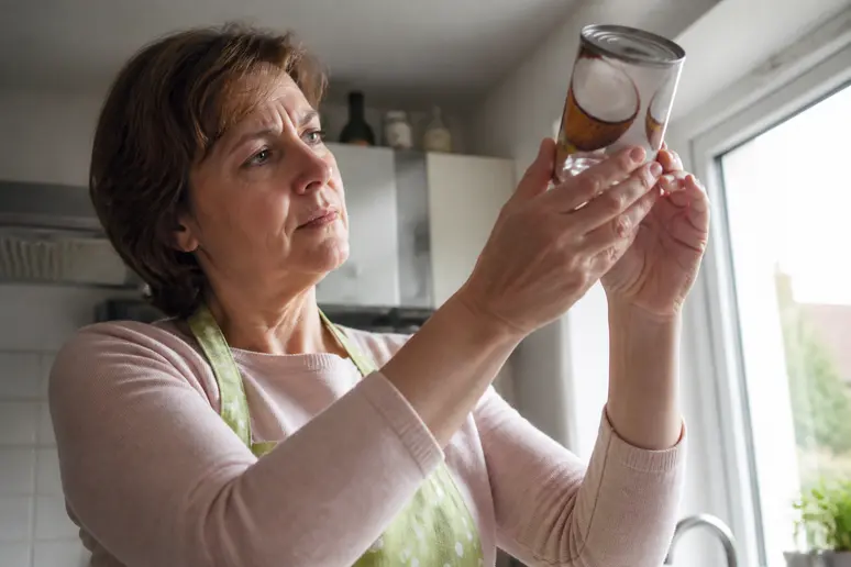 Eine Frau prüft kritisch die angebrochene Kokosmilch-Dose auf Verfärbungen und ungewöhnliche Gerüche in ihrer Küche.