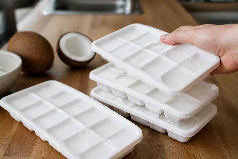 Eiswürfelformen mit gefrorener Kokosmilch stehen auf der Arbeitsplatte bereit für die spätere Verwendung.