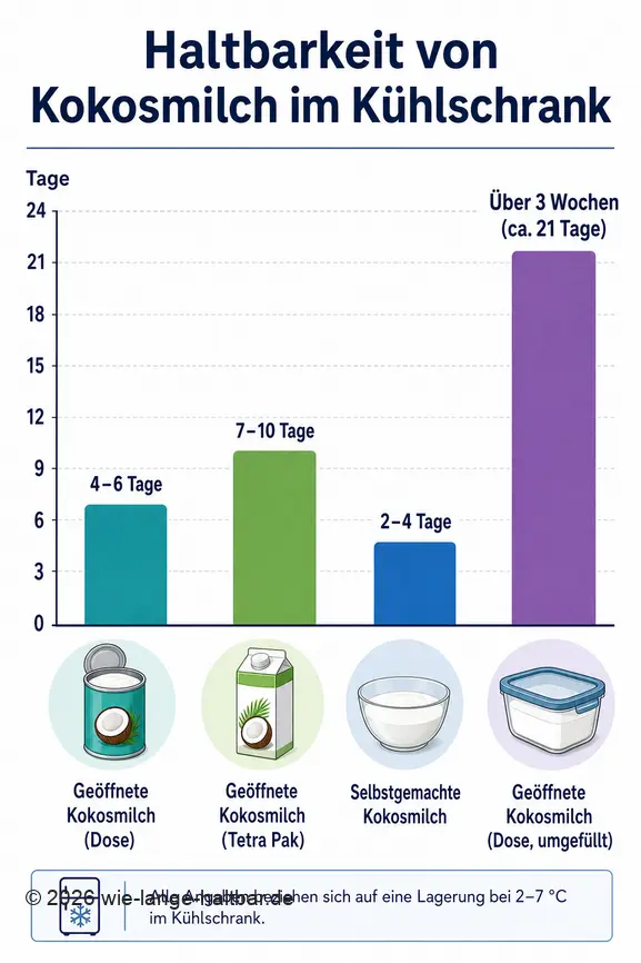Vergleich der Haltbarkeit von geöffneter Kokosmilch je nach Verpackung und Zubereitung im Kühlschrank.