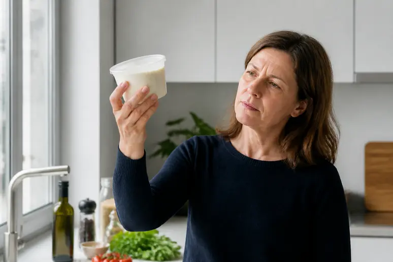 Frau prüft Ricotta-Haltbarkeit im heimischen Umfeld auf sichtbare Verderbniszeichen.