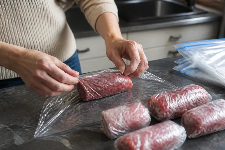 Detaillierte Aufnahme deutscher Hände, die rohe Rouladen sorgfältig in Frischhaltefolie einwickeln, um sie für die Gefrierlagerung vorzubereiten.