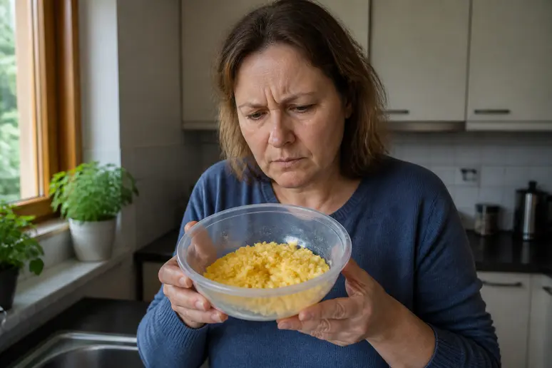 Eine Frau prüft kritisch Rührei vom Vortag in ihrer Küche auf mögliche gesundheitliche Risiken.