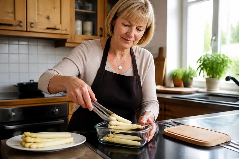 Eine deutsche Hausfrau lagert gekochte Spargelreste sorgfältig in einem luftdichten Glasbehälter in ihrer hellen Küche, um sie richtig aufzubewahren.