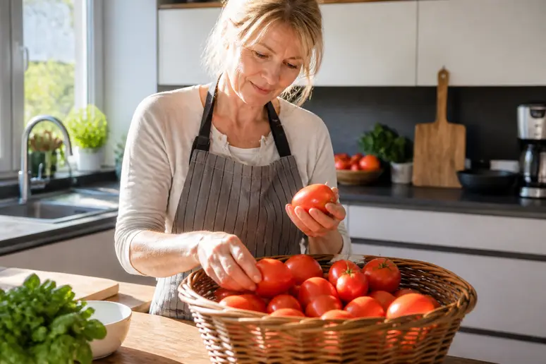 Eine deutsche Frau wählt sorgfältig reife Roma-Tomaten für das Einfrieren in ihrer hellen, modernen Küche aus.