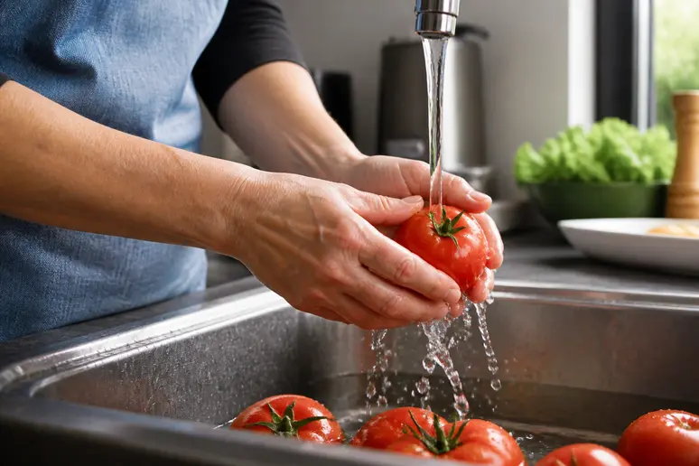 Präzise Hände einer deutschen Hausfrau waschen frische Tomaten gründlich unter fließendem Wasser für die Haltbarmachung.