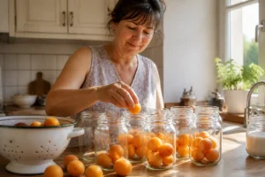 Frau beim Aprikosen einkochen in Gläsern, Vorbereitung für die Haltbarmachung zu Hause.