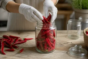 Hände legen frische Chilischoten richtig ein in ein Einmachglas für die Haltbarmachung.