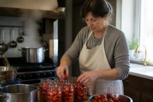 Hausfrau konzentriert sich auf das Einkochen von frischen Erdbeeren in Gläsern für eine lange Haltbarkeit.