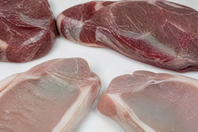 Verdorbenes Grillfleisch mit grauen Verfärbungen und schleimiger Oberfläche, deutliche Warnsignale zum Einlegen.