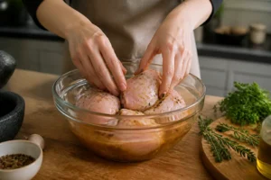 Hähnchen einlegen: Zarte Hähnchenstücke werden in eine aromatische Marinade in einer Glasschüssel gegeben.