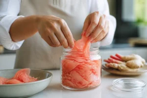 Junge Frau legt frischen Ingwer zum Einlegen in ein Glas für Sushi-Ingwer.