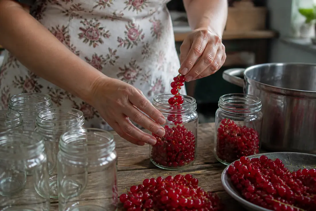 Frau beim Einkochen von roten Johannisbeeren in Gläser auf einem Holztisch, um sie haltbar zu machen.