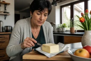 Kann butter schlecht werden? Eine Frau prüft ranzige Butter in ihrer Küche auf einem Holzbrett.
