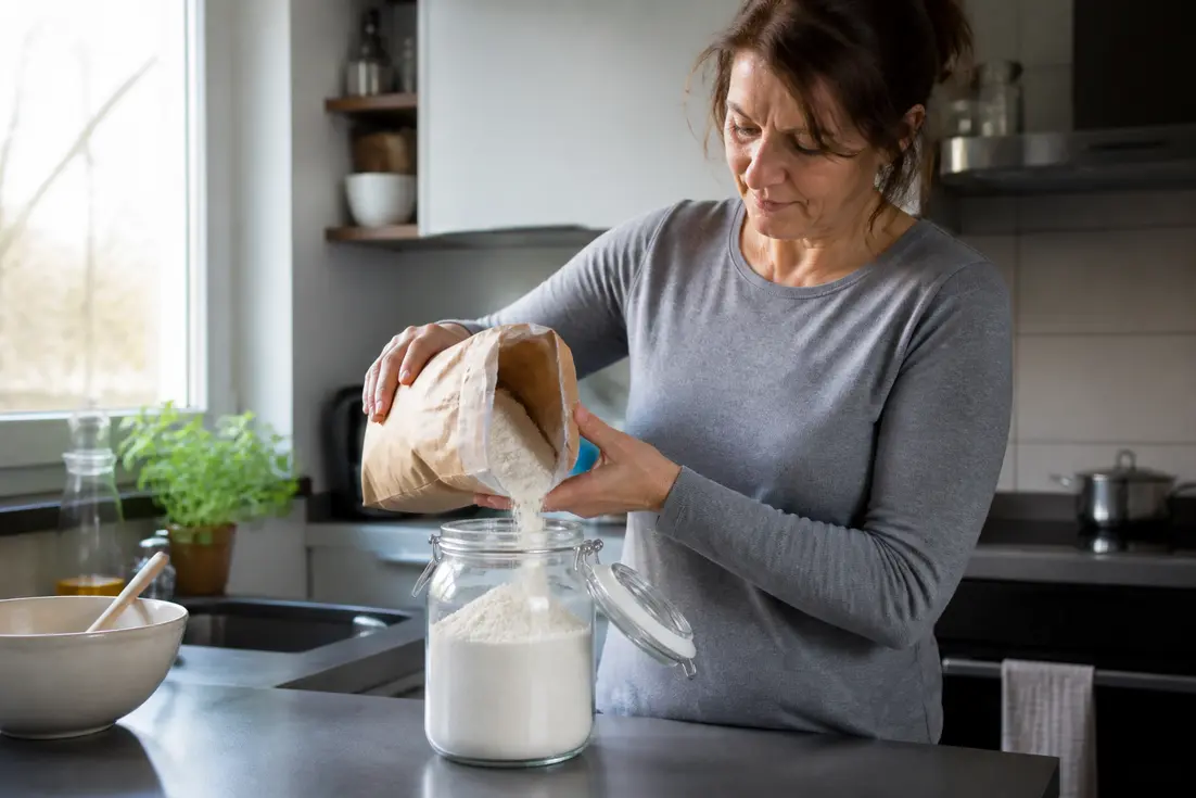 Kann Mehl schlecht werden? Eine Frau lagert Mehl richtig in einem luftdichten Glasbehälter in ihrer Küche.