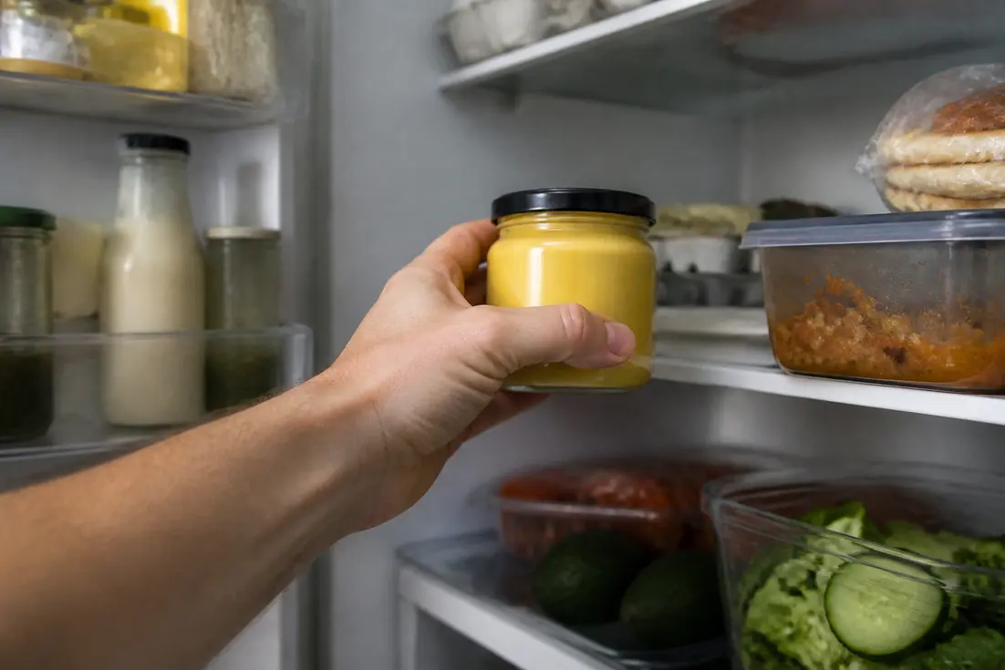 Die Hand greift nach Senf im Kühlschrank; kann Senf schlecht werden? Lagerung ist wichtig für Haltbarkeit.
