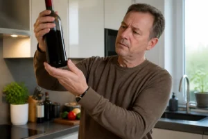 Ein Mann prüft eine Weinflasche zu Hause, um festzustellen, ob der Wein schlecht geworden ist.