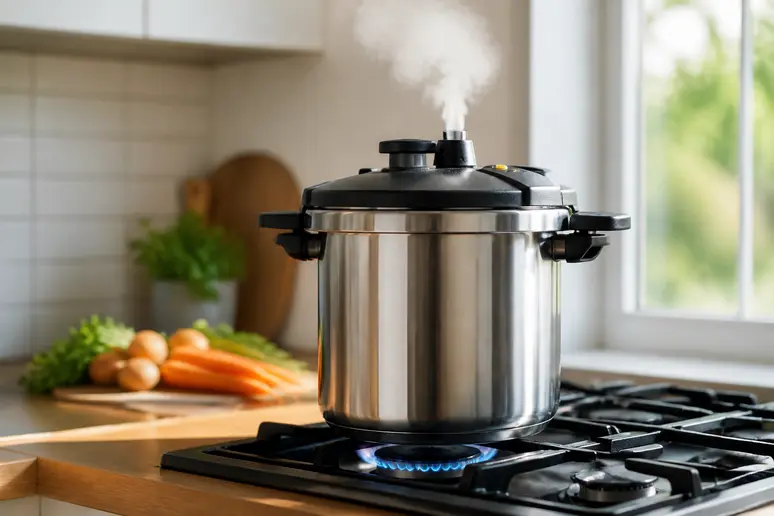 Druckeinkochtopf als sichere Methode zum Kohlrabi einkochen bei hohen Temperaturen.