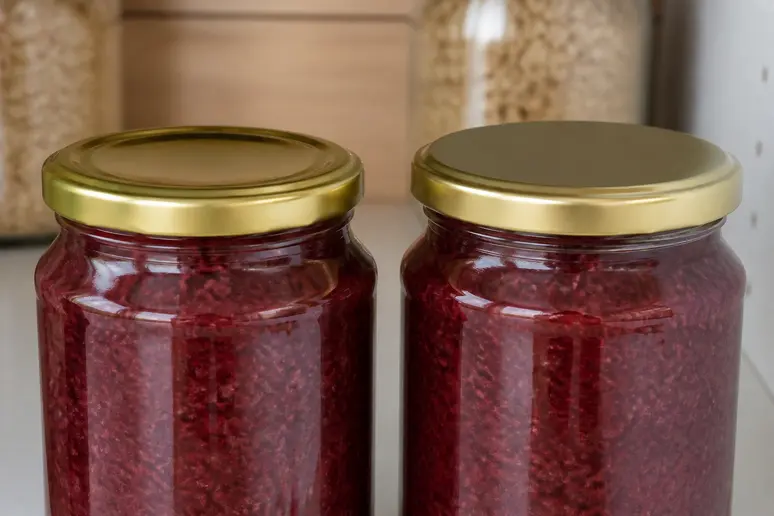 Vergleich von Preiselbeeren-Gläsern mit korrektem und fehlendem Vakuum, wichtig für Preiselbeeren einkochen.