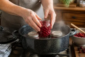 Hände mit Gläsern voller Preiselbeeren beim Einkochen in einer Küche