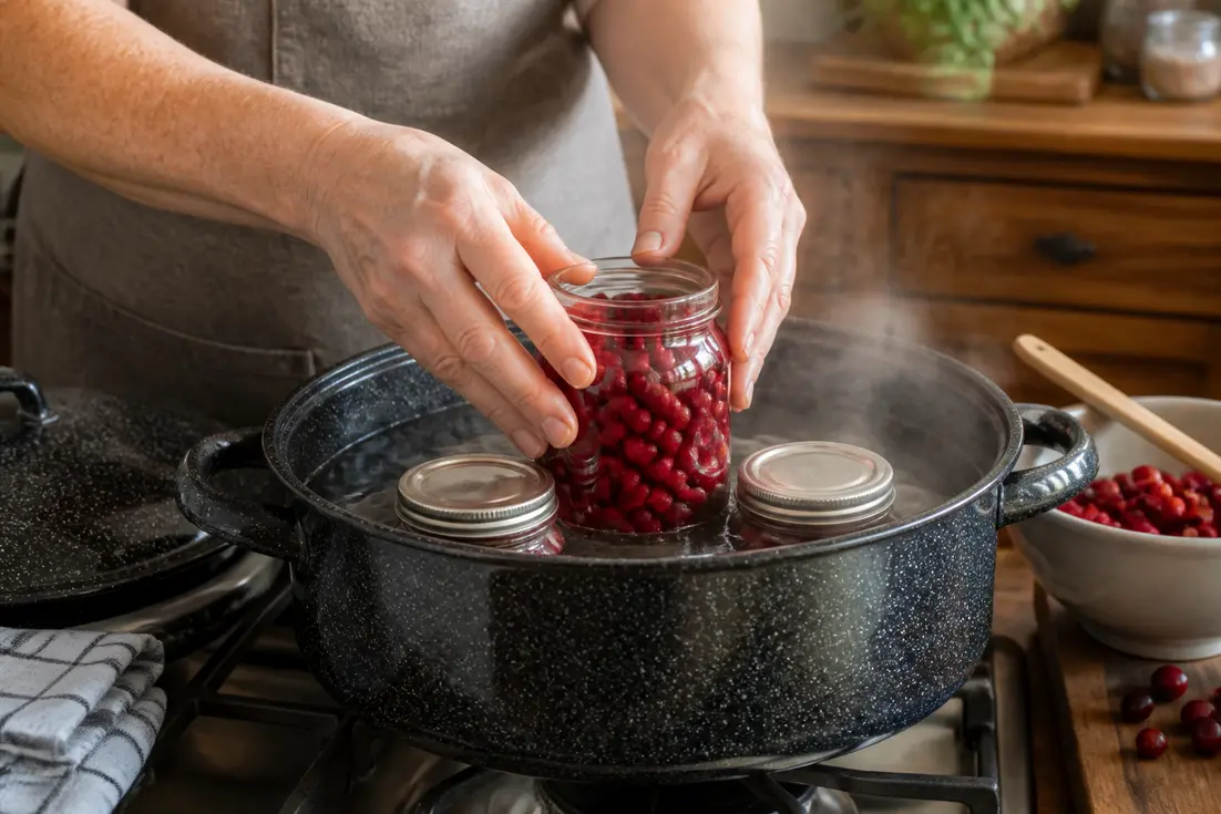 Hände mit Gläsern voller Preiselbeeren beim Einkochen in einer Küche