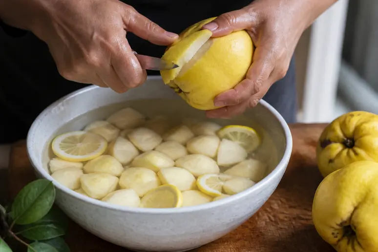 Hände schälen Quitten und legen sie in Zitronenwasser zur Verhinderung der Oxidation beim Einkochen.