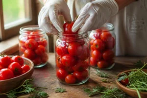 Hände legen frische Tomaten zum Einlegen in ein Glas auf einem Holztisch, Konservierung von Lebensmitteln.