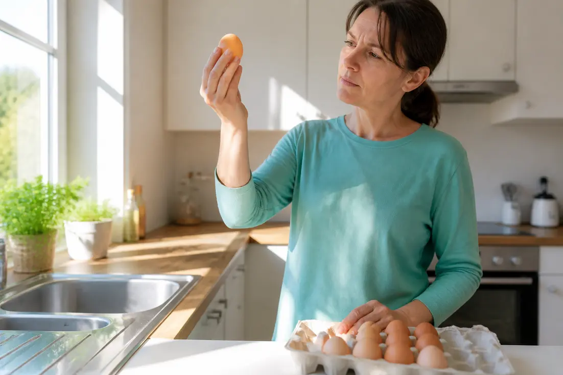 Eine Frau prüft Eier in der Küche, um festzustellen, wann werden eier schlecht und wie man sie erkennt.