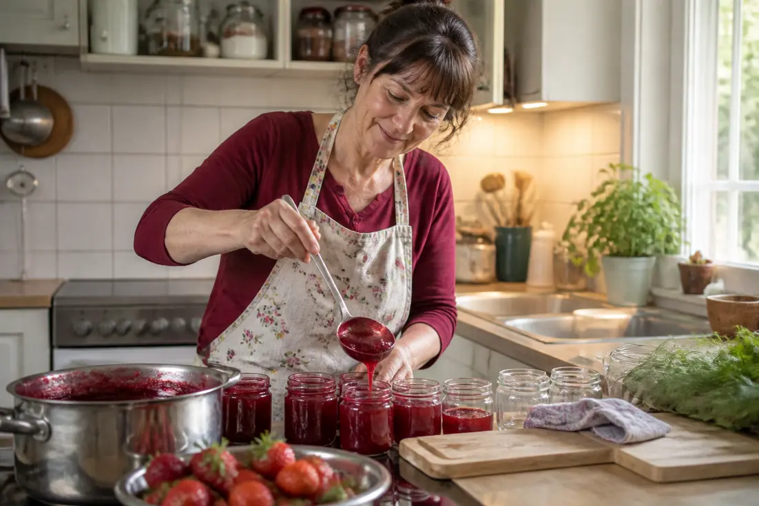 Frau kocht Marmelade mit frischen Erdbeeren ein, um sie haltbar zu machen. Wie man Marmelade richtig einkocht.
